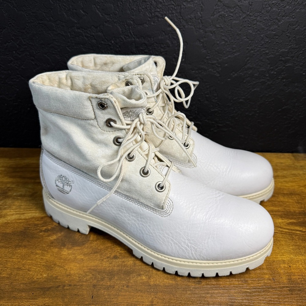 Timberland 6-Inch Premium White Leather Canvas Boots Mens 10.5 Wide